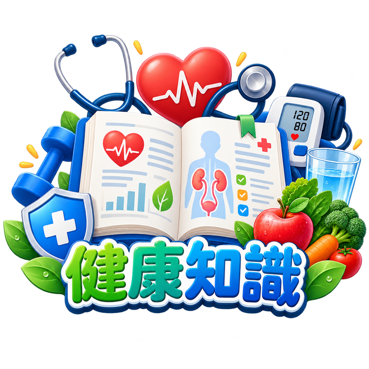 健康知識主題插畫：醫療書本、聽診器、血壓計與健康蔬果